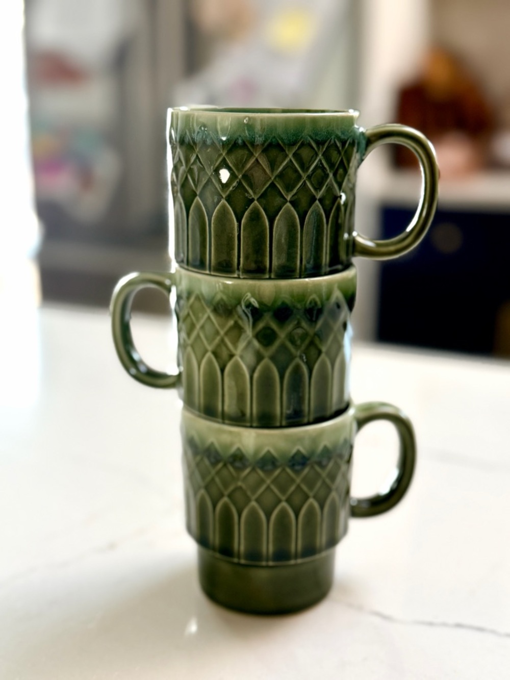Vintage Green Ceramic Stackable Mugs - Set of 3